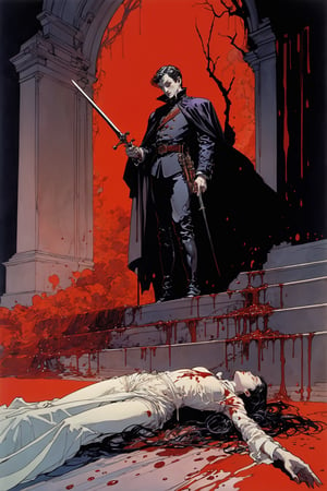 style of Michael William Kaluta, dead body, blood everywhere, blood splash, dark hue, red hue, dark hue, haze