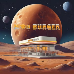 A fast food restaurant on the moon with name “Moon Burger”,well written text