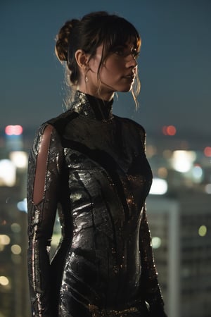 close-up cinematic film still of ((ohwx woman)) on the terrace of a building, at night, short bangs with gathered tail, futuristic dress, highly detailed, high budget, moody, epic