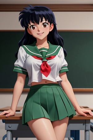 best quality, masterpiece, close-up, 1girl, higurashi kagome, black hair, brown eyes, green short skirt, white socks, long hair, medium breasts, serafuku, sailor collar, indoors, classroom, looking at viewer, 8k, high_resolution, smile, pose