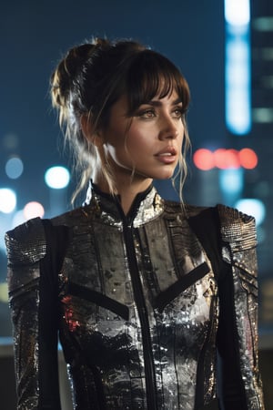 close-up cinematic film still of ((ohwx woman)) on the terrace of a building, at night, futuristic city background, short bangs with gathered tail, futuristic dress, highly detailed, high budget, moody, epic