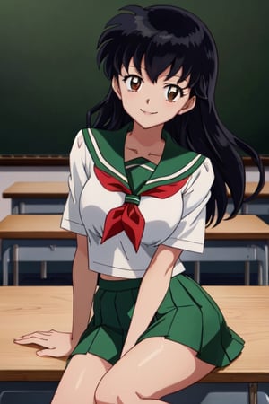 best quality, masterpiece, close-up, 1girl, higurashi kagome, black hair, brown eyes, green short skirt, white socks, long hair, medium breasts, serafuku, sailor collar, indoors, classroom, looking at viewer, 8k, high_resolution, smile, pose