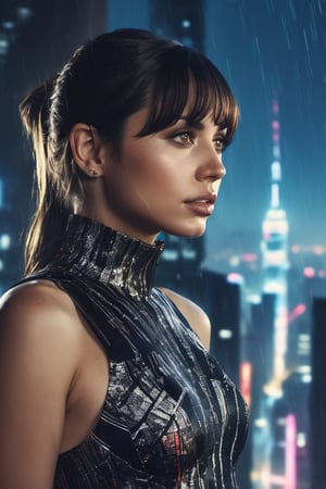 close-up cinematic film still of ((ohwx woman)) on the terrace of a building, at night, futuristic city background, short bangs with gathered tail, futuristic dress, highly detailed, high budget, moody, epic