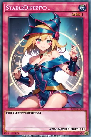yugioh_card,(anime style),masterpiece, best quality, hmdmg1, wizard hat, blush, blush stickers, cleavage, bare shoulders, dress, off shoulder, command spell, magic, magic circle, magic wand, smile