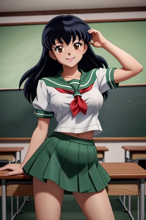 best quality, masterpiece, close-up, 1girl, higurashi kagome, black hair, brown eyes, green short skirt, white socks, long hair, medium breasts, serafuku, sailor collar, indoors, classroom, looking at viewer, 8k, high_resolution, smile, pose