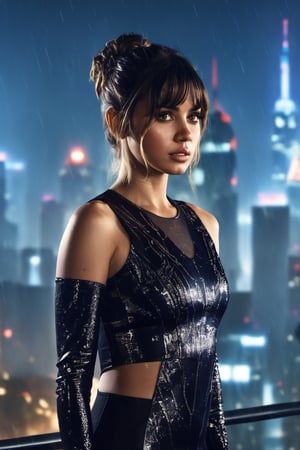 ((ohwx woman)) on the terrace of a building, well detailed eyes, at night, futuristic city background, short bangs with gathered tail, futuristic black dress, highly detailed, high budget