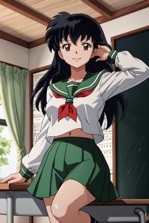 best quality, masterpiece, close-up, 1girl, higurashi kagome, black hair, brown eyes, green short skirt, white socks, long hair, medium breasts, serafuku, sailor collar, indoors, classroom, looking at viewer, 8k, high_resolution, smile, pose