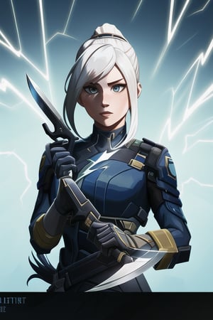 cinematic lightning, 1 girl, white hair, pony_tail, flowting_knife in hand_left, valorant_background,valorant_jett