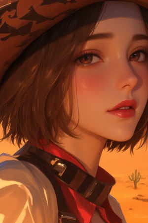 anime, illustration, illuxystyle, close up, 1girl, solo, looking at viewer, red lips, cowboy girl, brown short bobbed hair, brown eyes, desert
