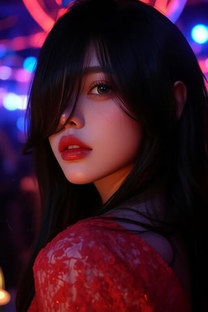 beauty_asian, illuxystyle, A beautiful korean woman at nightclub, hair cover her left eye, solo focus, wearing red dress, red lips, black long hair, blue eyes, dark room, neon, shiny, 4k UHD, detailed skin, serene, depth of field 