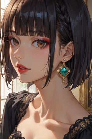 score_9, score_8_up, score_7_up, masterpiece, best quality, absurdres, very aesthetic, source_anime, detailed illustration, 8K UHD, close up, 1girl, solo, looking at viewer, short hair, bangs, black hair, brown eyes, jewelry, upper body, earrings, parted lips, indoors, blunt bangs, black dress, makeup, ring, gem, red lips