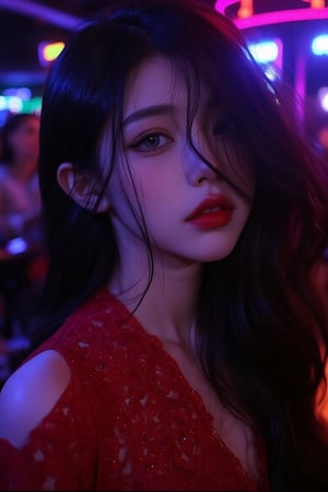 beauty_asian, illuxystyle, A beautiful korean woman at nightclub, hair cover her left eye, solo focus, wearing red dress, red lips, black long hair, blue eyes, dark room, neon, shiny, 4k UHD, detailed skin, serene, depth of field 