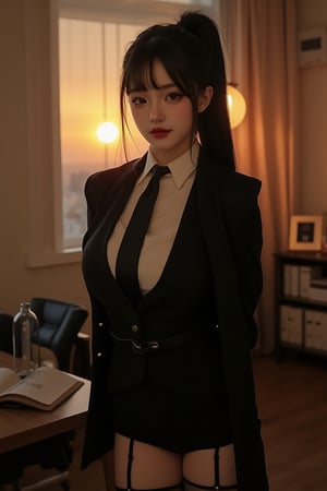 beauty_asian, a beautiful asian woman, slightly smile, voluptuous, look at viewer, cowboy shot, portrait, black hair, ponytail, hime haircut, long bags, tied hair, with office suit, black jacket, white shirt, black tie, black thighhighs, red lips, sunset, curtains, bookshelves, desk, office room, standing, posing, hands behind her, 8k UHD, best quality, masterpiece