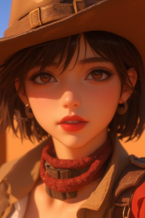 anime, illustration, illuxystyle, close up, 1girl, solo, looking at viewer, red lips, cowboy girl, brown short bobbed hair, brown eyes, desert
