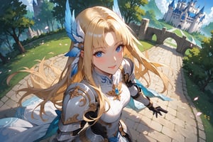 score_9, score_8_up, score_7_up, source_anime, detailed illustration, 8K UHD, cinematic, cowboy shot, ((from above side angle)), 1girl, solo, looking at viewer, slight smile, blush, blond hair long hair hime_cut, blue eyes, gloves, stand, fully armor, hair flowing windy, castle, kingdom, outdoors, floor, trees, particle effects, fantasy