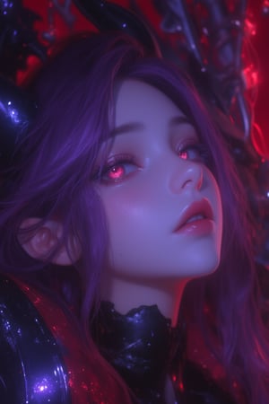 a close up face of a beautiful female demon lord, anime, illustration, 1girl, purple hair, long hair, hime cut, red eyes, glowing eyes, unique eyes, pale skin, dark fantasy style, in throne room, indoors, dark room, voluptuous, hourglass body, extremely sexy, illuxystyle