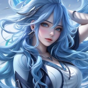((masterpiece:1.4)), ((best quality:1.4)), ((highres:2)), 8k, 1girl, blue_hair, long_hair, casual_clothed, upper_body, hyper_detailed, ((beautiful_eyes_detailed)), sakimichan