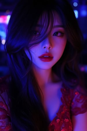 beauty_asian, illuxystyle, A beautiful korean woman at nightclub, hair cover her left eye, solo focus, wearing red dress, red lips, black long hair, blue eyes, dark room, neon, shiny, 4k UHD, detailed skin, serene, depth of field 