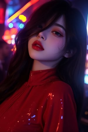 beauty_asian, illuxystyle, A beautiful korean woman at nightclub, hair cover her left eye, solo focus, wearing red dress, red lips, black long hair, blue eyes, dark room, neon, shiny, 4k UHD, detailed skin, serene, depth of field 