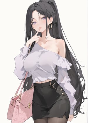 score_9, score_8_up, score_7_up, BREAK, ((white background:1.1)), 
1girl, solo, looking at viewer, black hair bangs very long hair ponytail parted bangs hair over shoulders, purple eyes, finger to mouth, handbag, pencil skirt, large breasts, black skirt, blush, pantyhose, jewelry, bare shoulders, black legwear, long sleeves, shirt, off shoulder, collarbone, miniskirt, covered navel, pale skin, shoulder cutout, hoop earring