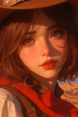 anime, illustration, illuxystyle, close up, 1girl, solo, looking at viewer, red lips, cowboy girl, brown short bobbed hair, brown eyes, desert
