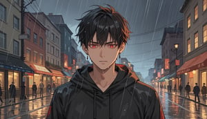 score_9, score_8_up, score_7_up, masterpiece, best quality, absurdres, very aesthetic, source_anime, upper body, facing viewer, ((anime_screencap:1.3)),

1boy, solo, look down, male focus, black hair, hime_cut, red eyes, emotionless. rain, black hoodie, hood down, wet hair, fit body, wide shoulders, black earrings, glowing eyes, dark alleyway, street, night, moonlit, backlighting