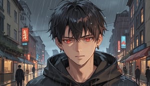 score_9, score_8_up, score_7_up, masterpiece, best quality, absurdres, very aesthetic, source_anime, upper body, facing viewer, ((anime_screencap:1.3)),

1boy, solo, look down, male focus, black hair, hime_cut, red eyes, emotionless. rain, black hoodie, hood down, wet hair, fit body, wide shoulders, black earrings, glowing eyes, dark alleyway, street, night, moonlit, backlighting