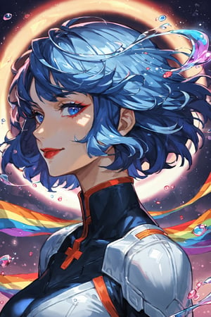 score_9, score_8_up, score_7_up, masterpiece, best quality, absurdres, very aesthetic, source_anime, detailed illustration, 8K UHD, (extremely hair detailed), side view, 1girl, solo, looking at viewer, blue hair, short hair, bob haircut, bangs, blue eyes, red lips, slight smile, closed mouth, flowing hair, windy, head tilted, makeup, ((white clothes with black lining on the edges:1.1)), bokeh, portrait, cyberpunk themed, close up, dark background, particle effects, ethereal light, balanced composition, vibrant, ((rainbow water swirl background:1.2))