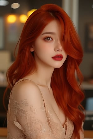 A stunning 8K UHD portrait of a ravishing redhead. A lone woman, with fiery locks cascading over her eyes, gazes directly at the viewer. Her striking red eyes and luscious red lips are accentuated by her porcelain-like skin tone. She wears a delicate dress that complements her flawless complexion, set against a crisp office background. Framed with meticulous attention to detail, this masterpiece exudes sophistication and allure.,beauty_asian, illuxystyle, 