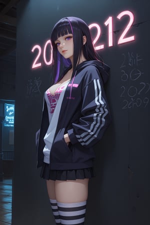 (score_9, score_8_up, score_7_up), source_anime, masterpiece. best quality, absurdres, very aesthetic, side view, portrait shot, face focus,

1girl, 20 year old, long black hair, hime cut, perky breasts, cleavage, pretty face, looking at viewer, purple eyes, light freckles, 

oversized hoodie, black skirt, striped thigh-high socks, gothic boots, ((leaning her back againts wall:1.2)), standing, 
BREAK, 
detailed background, inside, bar, ((dark hidden area, dark background, volumetric lighting)), vivid colours, ((glowing, signboard neon on the wall:1.2))