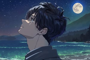 ((masterpiece, best quality)), newest, from a far, illustration, vibrant, 1boy, looking up, side view, from side, black hair, dark brown eyes, sad_face, closed_mouth, tearing_up, fit body, casual clothes, upper body, cowboy_shot, night, outdoors, night sky, mountain, ((beautiful stars:1.5)), [Aurora borealis], (beautiful background:1.1), at the edge of cliff, standing, ((ocean background:1.4)), ((forest background)), ((moon:1.2)), aesthetic, dramatic, emotional