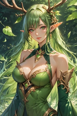 score_9, score_8_up, score_7_up, masterpiece, best quality, absurdres, very aesthetic, source_anime, detailed illustration, 8K UHD, upper body, 1girl, solo, looking at viewer, long hair, medium breasts, cleavage, bare shoulders, green eyes, detached sleeves, green hair, pointy ears, leaf, elf, green dress, antlers