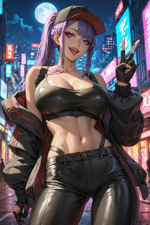 score_9, score_8_up, score_7_up, source_anime, rating_general, masterpiece, best quality, absurdres, very aesthetic, cowboy shot, (cyberpunk themed),

1girl, solo, looking at viewer, purple hair, hair between eyes, long_ponytail, long bangs, side haircut, purple eyes, red dark lips, dark makeup, mascara, eyes makeup, collarbone, large breasts, fit body, slim body, curvy body, thighs, navel, tongue out, open mouth, eyebrows up, excited, happy, ((peace handsign:1.1)), thicc body,

bare shoulders, ((black crop tank top:1.2)), cleavage, ((short black pants:1.1)), black gloves, black jacket, thighlet, black hat, 

street, night sky, moon, cyberpunk city, neon lights, city lights, alleyway, Tokyo city in cyberpunk style, bokeh, intricate detailed, exquisite, complex background