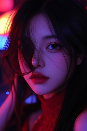 beauty_asian, illuxystyle, A beautiful korean woman at nightclub, hair cover her left eye, solo focus, wearing red dress, red lips, black long hair, blue eyes, dark room, neon, shiny, 4k UHD, detailed skin, serene, depth of field 