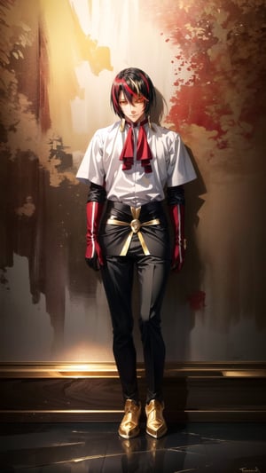 Semi realistic, Masterpiece, best quality, upper body, short hair, (black hair with a red and gold streak), (exquisite skin), (detailed eyes:1.3), (gold eyes with red streak), white collar shirt buttoned up, diablo_tensei_shitara