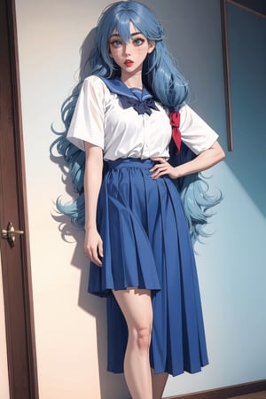 LIGHT BLUE HAIR, LONG HAIR, STITCHES, STITCHED BODY, SCHOOLGIRL UNIFORM, HETEROCHROMIA, Female version of Mahito, full-body_portrait, standing,light blue hair,long hair, blue skirt, 