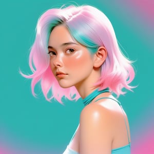 ghibli ,illustrator ,sketch , 1girl, portrait, Halter Top,Laboratory, Pink gradient background, Cyan hair,Side part, Sublime , (masterpiece,best quality)