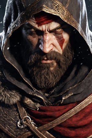 (Highest Quality, 4k, professional lighting, masterpiece, Amazing Details:1.1), (face focus:1.1), (shadowed eyes:1.2), assassin creed, Kratos, winter_clothes, black clothe, hoodie on head, anatomically correct, neutral expression, epic character composition,