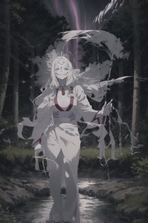 masterpiece, best quality, MTSpiderV4, 1girl, solo, white skin, long hair, breasts, beads, japanese clothes, ((white kimono)), silk, stone, forest, aurora borealis, spider web, ,MTSpiderV4, same posture of scribble,