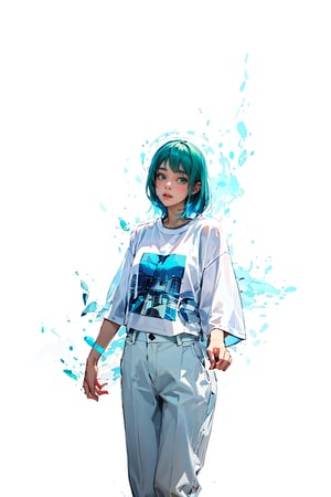 girl, green and blue hair, white t-shirt and white trouser , beautiful girl, --niji 5 --, plain white background,