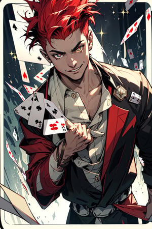 1boy, (hisoka) hunter x hunter, ultra detail, black micro pupils eyes glazed, v-shaped_eyebrows, white skin, smile without teeth, card symbols on his chest, perfect, detail, battle arena background, red_hair, Carry a deck of cards in your left hand.