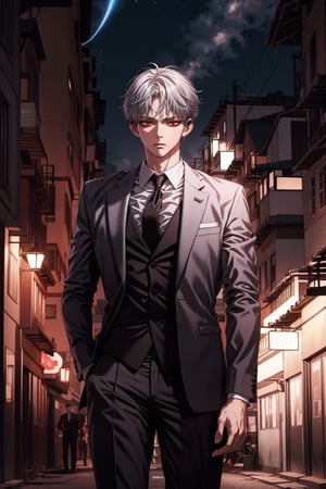 Athletically built young man with a penetrating gaze; his silver hair falls in rebellious waves framing intense, deep-red eyes, revealing his determination. A subtle, ethereal aura surrounds him, hinting at a touch of magic. He dresses stylishly in an elegant black suit.

View from the front, dynamic angle, standing, serious, black tie suit, slum buildings, raining, night sky, street lights.perfect hand with proper finger 

Good line art, masterpiece, detailed, abstract background with a magical touch, high quality, 16k drawing, high_res, semi-realistic, agawa, epicart, More Detail, silver hair, RED EYES, magical powers.,hand on another's shoulder