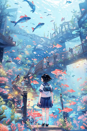 1girl, fish, stairs, scenery, solo, skirt, railing, black hair, standing in a room watching outside is a underworld, like aquarium, school uniform, short hair, underwater, serafuku, wide shot, jellyfish, shoes, pleated skirt, bubble, from behind, coral, facing away, shirt, socks, underworld,watercolor,shaonv,kawaiitech