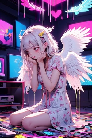 1girl, solo, hair ornament, dress, sitting, white hair, short sleeves, heart, wings, indoors, halo, feathered wings, angel wings, angel, hands on own face, television, dripping, monitor, glitch