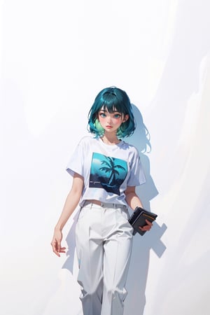 girl, green and blue hair, white t-shirt and white trouser , beautiful girl, --niji 5 --, plain white background,