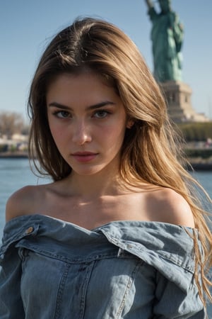 Photorealistic, Create a hyper realistic beautiful girl (16 year old, American), off shoulder top, highly detailed face, detailed eyes, pores, facial imperfections, medium breasts, standing, wearing  cute cute off shoulder top and stylish jeans,statue of Liberty in background, blonde hair, perfecteyes eyes, perfect body,long hair,straight hair,outdoor,  angry 4k, hd, ultra realistic, UHD, dynamic lighting,