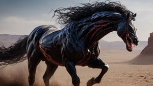 ultra-detailed, venom horse , sharp teeth, roaring, bloody, face, frontal view, looking towards camera, standing , serious , ultra realistic face,  hairs, dangerous, angry, violent, agressive, (extremely intricate:1.3), (realistic),  desert in background, 
 high-quality cell-shaded illustrations, dynamic pose, high contrast, vibrant, cyberpunk, hyperrealistic, futuristic, perfect anatomy, centered, freedom, soul, approach to perfection, cell shading, 4k, cinematic dramatic atmosphere, watercolor painting, global illumination, detailed and intricate environment, art station, concept art, fluid and sharp focus, volumetric lighting, cinematic,DonMM1y4XL, cinematic moviemaker style,cinematic_grain_of_film