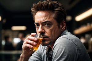 Photorealistic:1.37, masterpiece, best quality, raw photo, Robert Downey Junior, drinking cold drink in glass, inside cafe, basic_background, close up realistic detailed skin, pores, low key, intricate detail, highres, hdr