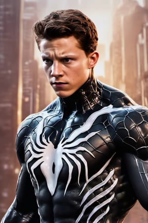 ultra-detailed, Tom Holland as venom, face visible, marvel, Tom Holland actor, ultra realistic face, intricate facial details, pores, hairs, dangerous, angry, violent, agressive, (extremely intricate:1.3), (realistic), high-quality cell-shaded illustrations, dynamic pose, high contrast, vibrant, cyberpunk, hyperrealistic, futuristic, perfect anatomy, centered, freedom, soul, approach to perfection, cell shading, 4k, cinematic dramatic atmosphere, watercolor painting, global illumination, detailed and intricate environment, art station, concept art, fluid and sharp focus, volumetric lighting, cinematic