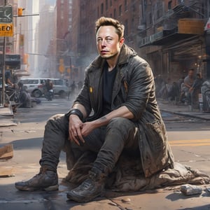 ultra-detailed, Elon musk as a homeless person, sad face, disappointed, torn clothes, dirt on body, sitting on sidewalk, new york streets in background, ultra realistic face, intricate facial details, pores, hairs, dangerous, angry, violent, agressive, (extremely intricate:1.3), (realistic), high-quality cell-shaded illustrations, dynamic pose, high contrast, vibrant, cyberpunk, hyperrealistic, futuristic, perfect anatomy, centered, freedom, soul, approach to perfection, cell shading, 4k, cinematic dramatic atmosphere, watercolor painting, global illumination, detailed and intricate environment, art station, concept art, fluid and sharp focus, volumetric lighting, cinematic